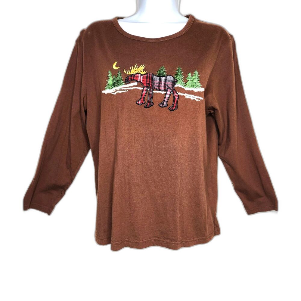 Vintage Mandal Bay Brown Embroidered Moose Top M Lodge Gorpcore Nature Cozy